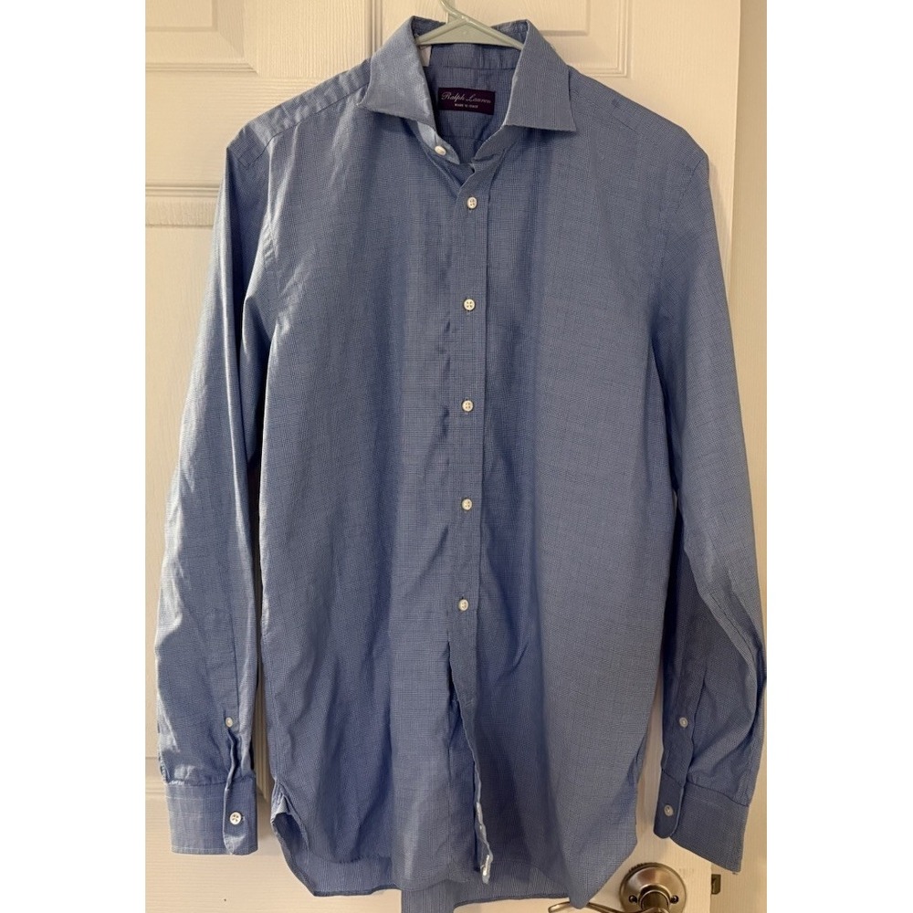 Ralph Lauren Purple Label Button Down 15.5 Blue Plaid Cotton Made Italy Men READ